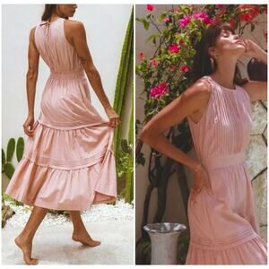 Pampelone M Handmade Cotton Midi – Boho Tiered Ruched Waist Beige Resort Dress